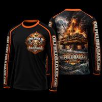 a long - sleeved shirt with an image of an oil rig on fire